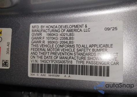 2025 Honda Accord Lx из США, поврежденный, VIN 1HGCY1F2XSA067918